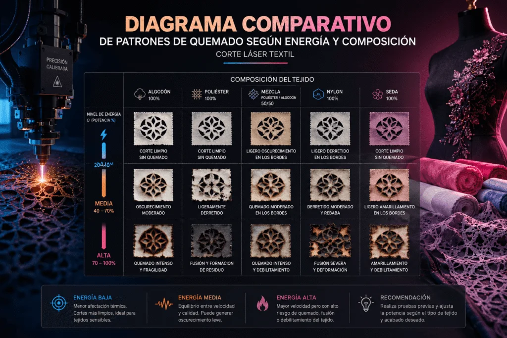 Diagrama comparativo de patrones de quemado  de tela - casusas por que la tela se quema con el corte laser