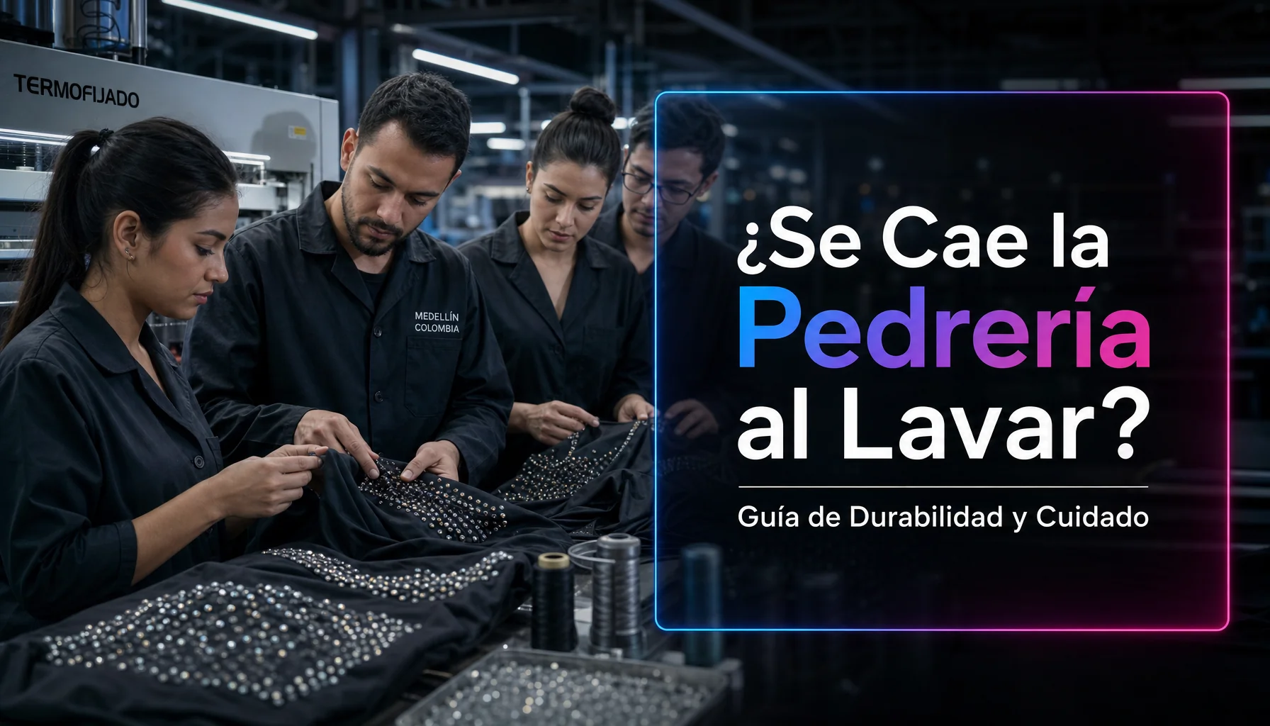 Durabilidad de la pedrería textil: apliques termoadhesivos en planta de confección, Color y Diseño Medellín